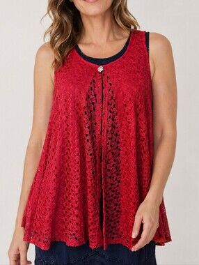 DORA LANDA Hot Pink Crochet Lace Overlay Sleeveless Swing Kimono Vest